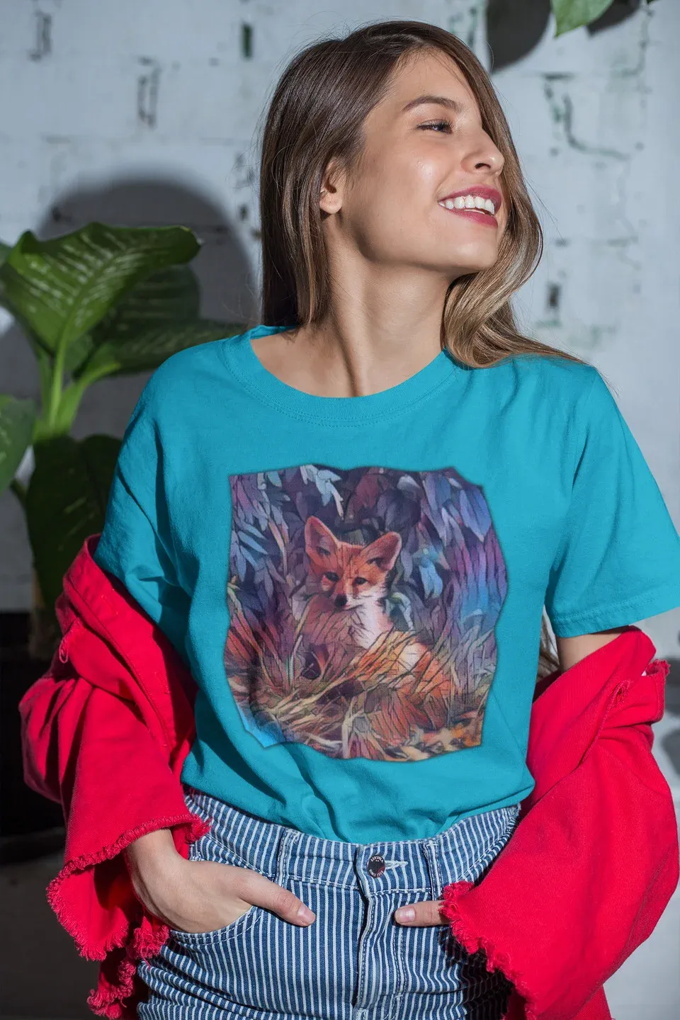 Dámské tričko s krátkým rukávem Liška - Barva: Azurová, Velikost: S