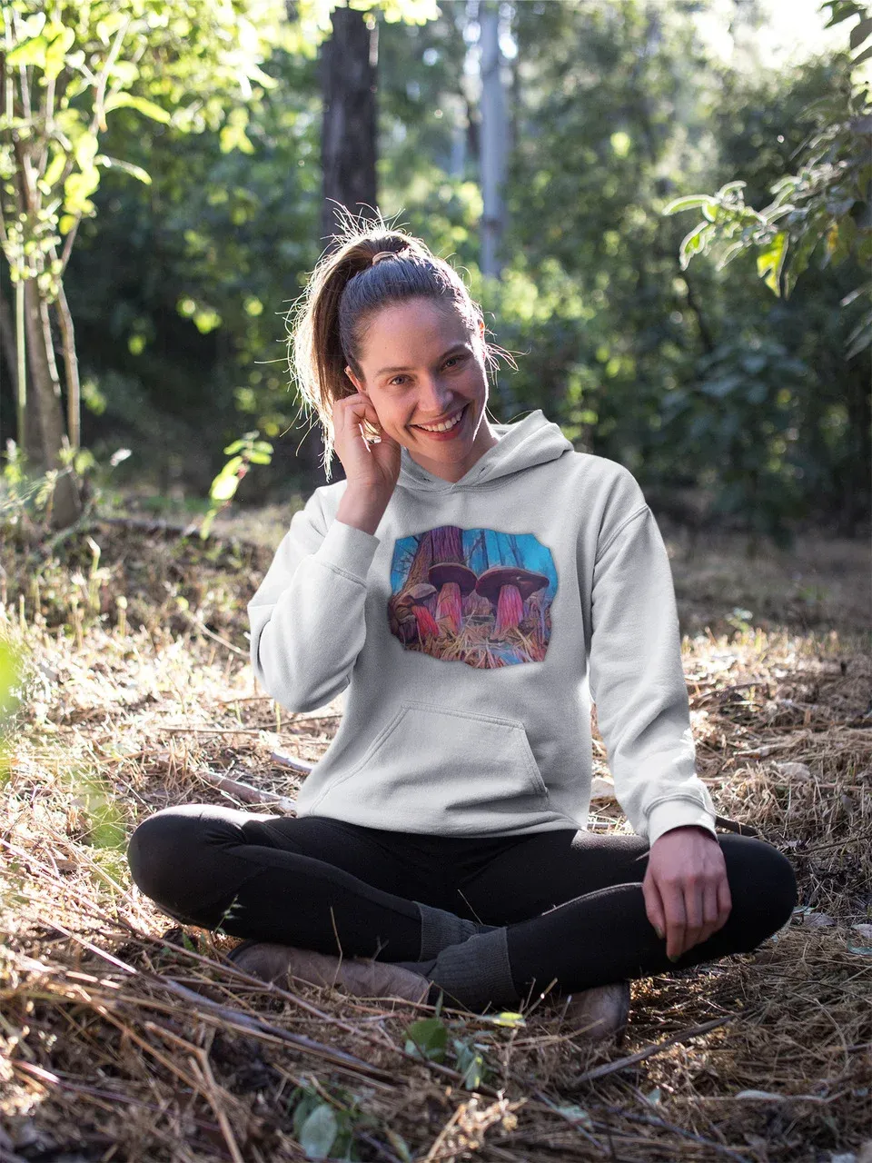 Dámská mikina s kapucí a kapsami Houby - Barva: Bílá, Velikost: S