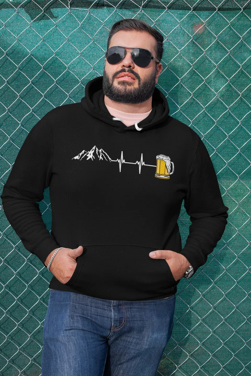 Pánská mikina s kapucí a kapsami Pivo a Hory - Barva: Černá, Velikost: S